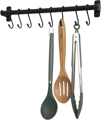 Image de Support mural pour ustensiles de cuisine - Étagère murale pour ustensiles - Rangement de cuisine - 8 crochets - Barre de 40 cm - Noir