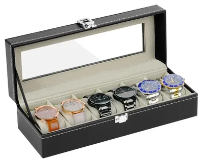 Produktbild von Uhrenbox mit 6 Fächern, Uhrenetui mit Glasdeckel, Uhrenetui mit herausnehmbaren Uhrenkissen, Metallverschluss, PolyurethanUhrenbox für Schmuck, Ringe, Armbänder und Halsketten, schwarz