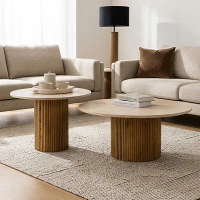 Produktbild von Couchtischset NARMADA/MANDI mit Tischplatte aus Travertin, Braun/Beige - Runder Beistelltisch im 2er Set, rundes Holzgestell aus Mangoholz, Wohnzimmertisch, Coffee Table