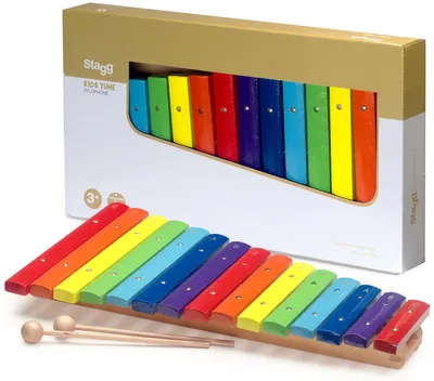 A colorful xylophone is displayed in front of its packaging.