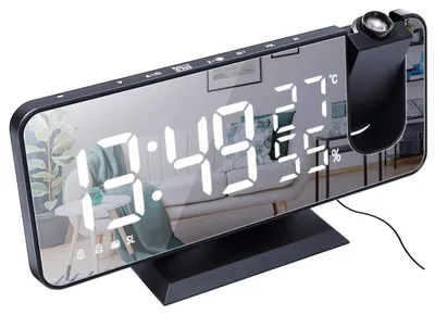 Projektionswecker 7,5" LED-Spiegel, Radio, USB, schwarz-weiß