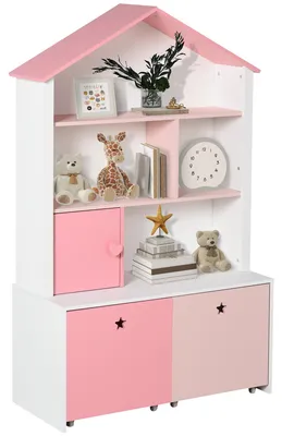 Produktbild von HOMCOM Kinderregal mit Rollen Standregal Bücherregal Dekoregal mit 4 Fächer Rosa
