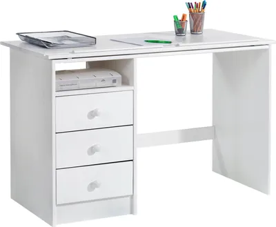Produktbild von Kinderschreibtisch KEVIN aus Kiefer in weiß, schöner Schülerschreibtisch mit Neigungsverstellung, praktischer Schreibtisch mit 3 Schubladen und Ablagefach