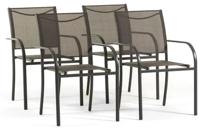 Immagine prodotto di Set da 4 sedie da giardino impilabili con braccioli in acciaio e 2x1 Textilene per terrazze, balconi, verande, bar e ristoranti, salvaspazio e resistenti alle intemperie per uso esterno – Elena/Grigio