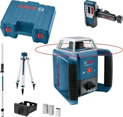 A collection of Bosch laser leveling tools and accessories laid out on a white background.