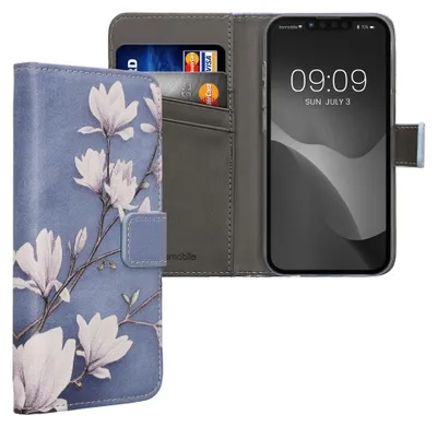 Produktbild von kwmobile Wallet Case kompatibel mit Apple iPhone 17e / iPhone 16e Hülle - Cover mit Ständer und Kartenfächern - Magnolien Taupe Weiß Blaugrau