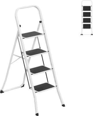 Image de UISEBRT 4 marchesEchelle pliante en métal Tabouret antidérapant Escabeau multi-usages Escabeau pliant Escabeau double jusqu'à 150 kg, Noir-Blanc脽