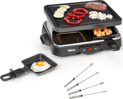 Produktbild von Raclette Gerät eckige Bratplatte mit 4 Teppan Gabeln für 4 Personen Raklett