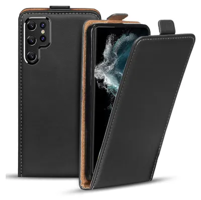 A black flip case for a Samsung Galaxy S22 Ultra phone is shown with the front cover open.