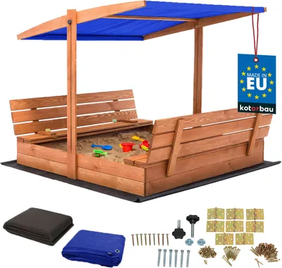 Produktbild von KOTARBAU® Sandkasten mit Abdeckung 140 x 140 cm Großer Braun Holzsandkasten mit Blau Dach Sandkasten mit Deckel Sandkasten mit Dach Gartenspielzeug Kinder imprägniert verschließbar mit Bänken