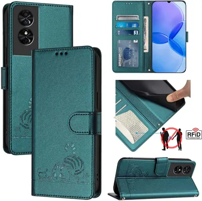 Produktbild von Leder Hülle für TCL 50 SE Süße Katze Flip Case Brieftasche Schutzhülle mit Standfunktion Grün