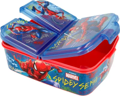Produktbild von STOR, Brotdose, Graffiti Spiderman Marvel, Kunststoff, rot, blau, weiß, 6,5 x 16 x 19 cm, BPA-frei, Lizenzprodukt, spülmaschinengeeignet, bruchsicher, Schnappverschluss, 3 Fächer, kindgerecht