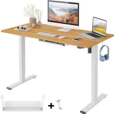 Immagine prodotto di FLEXISPOT EG1 100x60 cm Scrivania regolabile in altezza, elettrica, telescopica a doppia estensione con piano (bianco + acero)