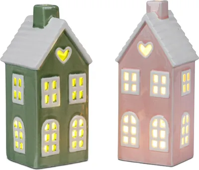 Produktbild von 2er Set LED Dekoobjekte Häuser H. 15cm rosa + grün aus Porzellan Formano F26