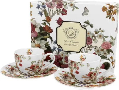 Produktbild von DUO FLORAL 2er-Set Espressotassen 90 ml VINTAGE FLOWERS WHITE mit Untertassen, New Bone China Porzellan