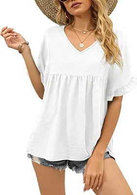 Produktbild von ASKSA Damen T-Shirt V-Ausschnitt Rüschen Kurzarm Shirt Sommer Hemd Tops Babydoll Shirts Oberteile, Weiß, S