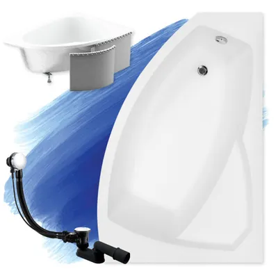 Zdjęcie produktu dla Wanna Akrylowa Zestaw 4w1 Asymetryczna 150x95 Prawa Biała + Zabudowa Styropianowa, Nowoczesny Premium Syfon i Nogi (stelaż) w komplecie | BADLAND RIMA