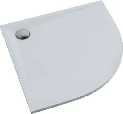 A white, quarter-circle shower tray with a silver drain cover.
