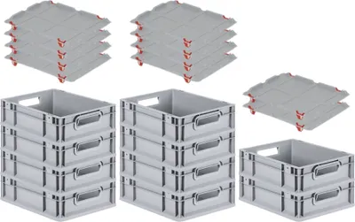 Produktbild von SparSet 10x Eurobox NextGen Economy mit Auflagedeckel und 4x Schiebeschnappverschlüsse Rot | Griffe offen | HxBxT 12x30x40cm | 11 Liter | Eurobehälter, Transportbox, Transportbehälter, Stapelbehälter