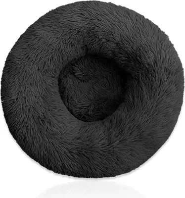 A round, fluffy, dark gray pet bed is shown from a top-down perspective against a white background.
