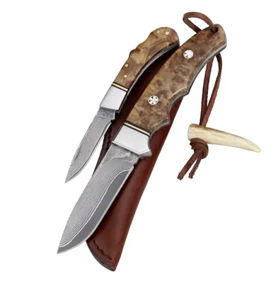 Produktbild von Parforce Set Messer Klappmesser Damast Wurzelholz Horn Lederhülle