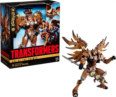 A Transformers Age of the Primes action figure, Onyx Prime, is shown in its packaging and also displayed outside of the box.