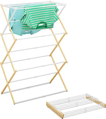 Obrázek produktu pro Sušák na prádlo Relaxdays, skládací, výsuvný, 11 tyčí, VxŠxH: 107 x 43–74 x 37 cm, bambus a kov, přírodní/bílá