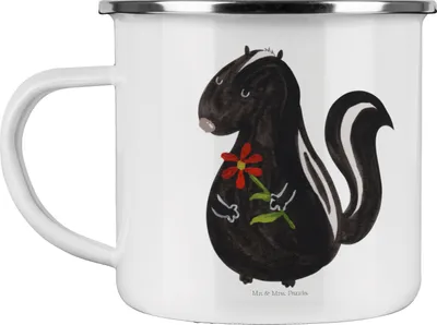 Produktbild von Mr. & Mrs. Panda Kaffeepott Stinktier Blume - Weiß - Geschenk, becher emaille, Dreams, Skunk, Emailletasse, Pott, Teetasse, Tasse, Haferl, Träume, Raubtier, Tagträumer