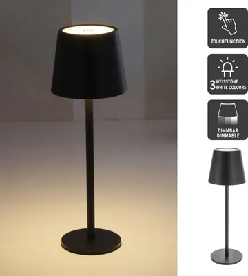 Produktbild von LED Metall Akku Tischleuchte Schwarz mit Touchfunktion 3 Weisstöne Dimmbar Nachttischlampe Schreibtischlampe