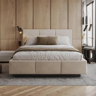 Produktbild von FDM Bett ALMADA Trinity 180x200 cm Polsterbett mit Lattenrost aus Metall Bettkasten Stauraumbett Samt beige