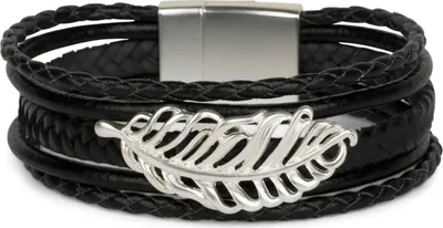 Produktbild von styleBREAKER Armband mit Feder Schmuck Element, Flechtoptik, geflochten, Magnetverschluss, Wickelarmband, Damen 05040106