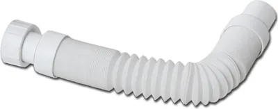 A white, flexible drain pipe with a corrugated section and threaded connectors.