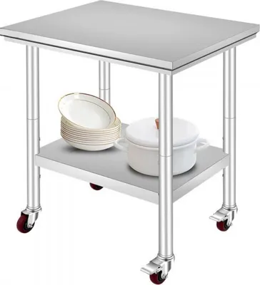 Obrázek produktu pro pracovní stůl z nerezové oceli - Pracovní stůl z nerezové oceli se 4 kolečky - 76x60cm - Výškově nastavitelná základní deska - Profesionální pracovní stůl do kuchyně a dílny