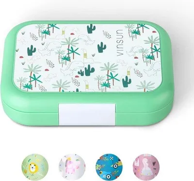 Image de Boîte à lunch pour enfants, avec 4 compartiments, anti-fuite, sans BPA, lavable au lave-vaisselle, boîte à bento verte avec motif de dino pour la maternelle, l'école primaire, les excursions