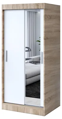 Zdjęcie produktu dla Szafa przesuwna - 90x200cm - Dąb Sonoma / Biały Mat - Szafa przesuwna HUGO - z lustrem- do sypialni i garderoby
