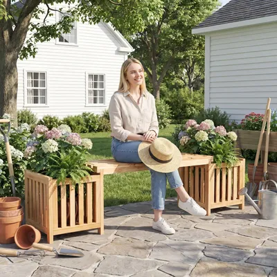 Image de Banc de jardin Zerbaco, en bois, pour 2 personnes, avec un bac à fleurs et 2 jardinières, couleur naturelle