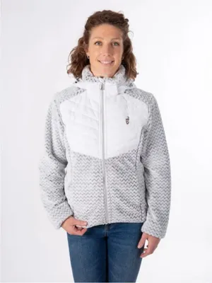 Produktbild von Clem Hybridjacke aus Steppstoff und weichem Plüsch mit integrierter Kapuze Weiß