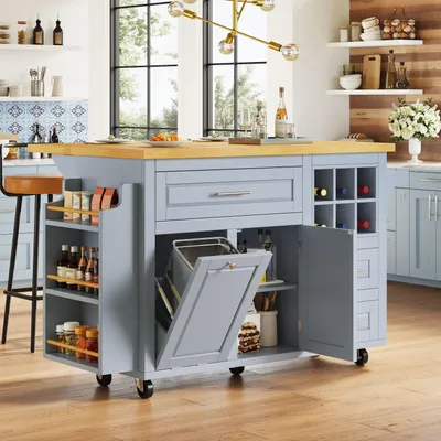 Productafbeelding van MODFU keukeneiland / keukentrolley met multifunctionele lades en een uitneembaar wijnbekerrek, buffetkast met ruimte voor een afvalbak, geschikt voor de keuken of eetkamer, blauw