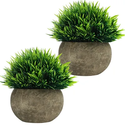 Produktbild von Belle Vous Mini Künstliche Pflanzen im Topf (2er Pack) Kunstpflanze Badezimmer Falsche Grüne Gras Sträucher in Grauem Topf - Kleine Kunstpflanzen für