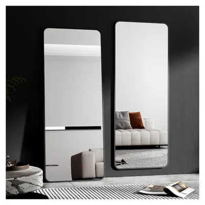 Produktbild von Schwarzer Ganzkörperspiegel 180 x 80 cm, Stand- und Wandspiegel 2 in 1, HD Garderobenspiegel mit rechteckigen, abgerundeten Ecken für Schlafzimmer, Badezimmer und Wohnzimmer