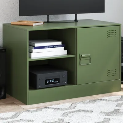 A green TV cabinet with books and an electronic device on it, placed on a rug.