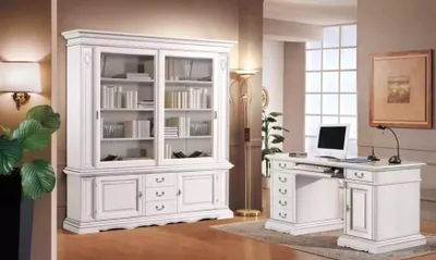 Image de Aménagement de bureau Bureau blanc Bibliothèque Meuble classique Set 2pcs