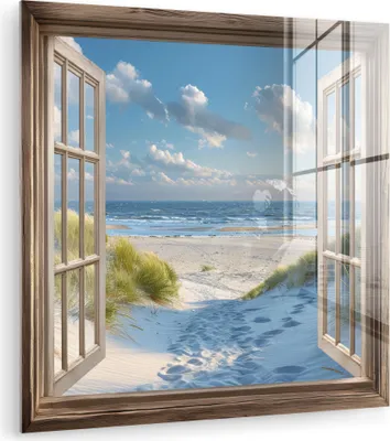 Produktbild von MuchoWow Glasbilder - Bilder auf Wandbild - Foto auf Glas Aussicht - Strand - Fenster - Dünen - Meer 20x20 cm Wanddekoration aus Glas - Acrylglasbild - Acrylbilder - Bilder von Glas - Moderne