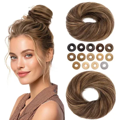 Image de Chignon avec élastique, 100% cheveux naturels, lisse, brun foncé/blond, 17g