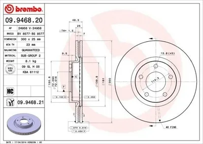 Produktbild von 2x BREMBO Bremsscheibe 09.9468.20 für MAZDA 5 (CR19) 3 (BK) 3 (BL) 5 (CW) 49mm
