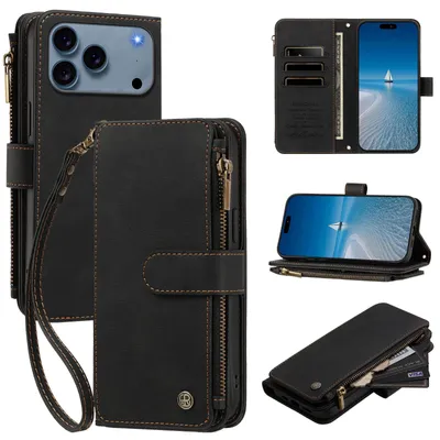 Produktbild von Handyhülle für iPhone 17 Pro/iPhone 18 Pro, Leder Klapphülle mit Kartenfächern, Reißverschlussfach und Handschlaufe Schwarz