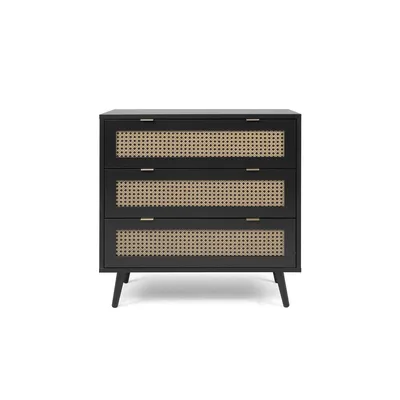 Produktbild von CALICOSY - Kommode mit 3 Schubladen, schwarzem- und Rohrgeflecht Druck Villa - L80 x H80 x T40 cm