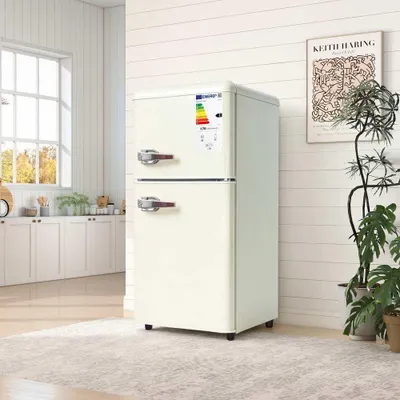 Produktbild von ZELURXX Doppeltür Kühlschrank 86L, 56L Kühlfach + 30L Gefrierfach, leise, 7-stufig, LED, Eierhalter, , kompakt, Küche Büro, Retro Creme