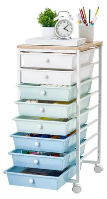 Produktbild von VEVOR Rollwagen mit 8 Schubladen Rollcontainer 400x330x715mm Grün Blau Weiß, Metallgestell, Holztischplatte, Handgriffe, Lenkrolle mit 2 Bremsen, Mobiler Schubladenwagen für Büro Werkstatt Klassenzimmer