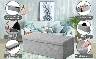 Produktbild von Klappbare graue Aufbewahrungsbank, 115 cm, MDF, PolyurethanBezug